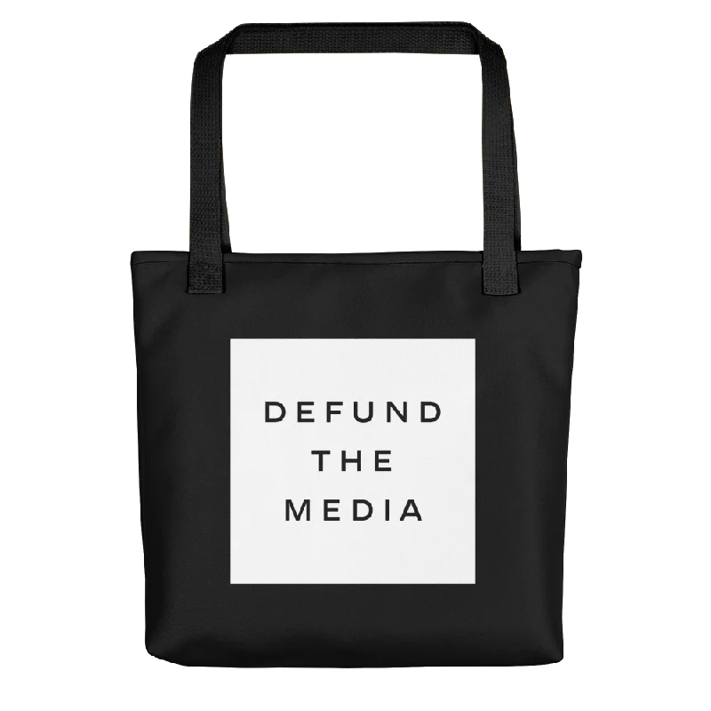 Evening Elegance Defund The Media Square Black Tote bag Statement Handbags At Unbeatable Discounts