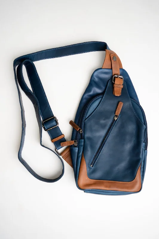 Adrian Klis 1854 Sling Bag, Blue/Tan, Buffalo Leather Trendy Handbags, Limited-Time Sale