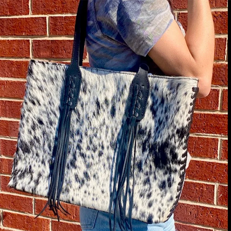 Leander Black & White Cowhide Tote Limited-Time Handbag Sale