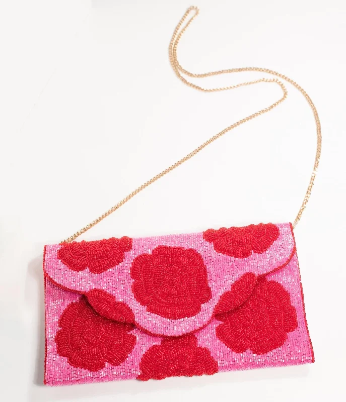 Pink & Red Floral Rose Beaded Envelope Clutch Trendy Handbags, Limited-Time Sale