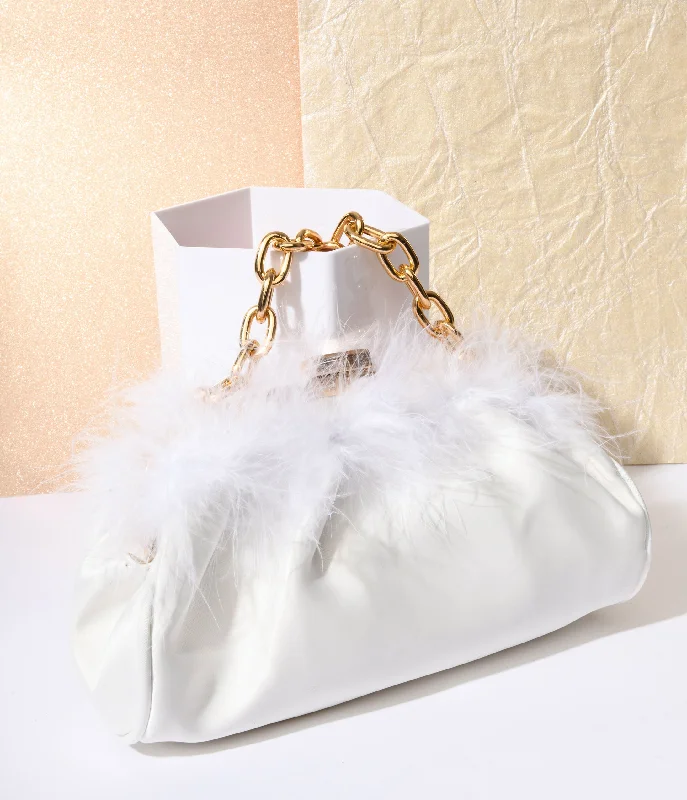 1920s White Satin & Fur Trim Clutch Handbag Must-Have Bags, Big Discounts