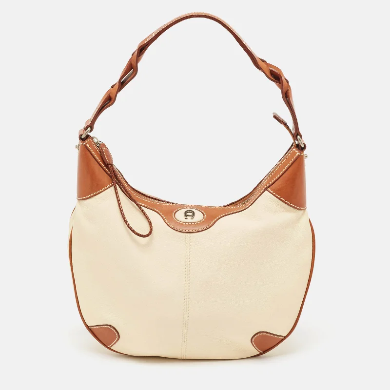 Aigner Brown/off White Leather Logo Hobo Statement Handbags At Unbeatable Discounts Aigner Brown/off White Leather Logo Hobo Statement Handbags At Unbeatable Discounts