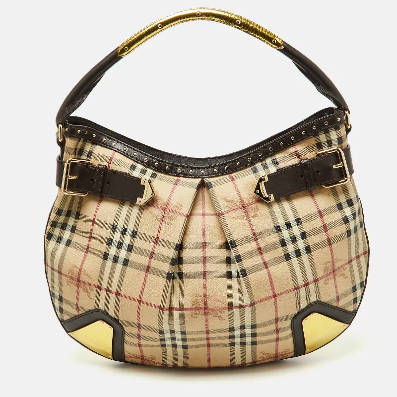 Burberry Dark /beige House Check Pvc And Leather Studded Hartley Hobo Sleek And Stylish Handbags At Lower Prices Burberry Dark /beige House Check Pvc And Leather Studded Hartley Hobo Sleek And Stylish Handbags At Lower Prices