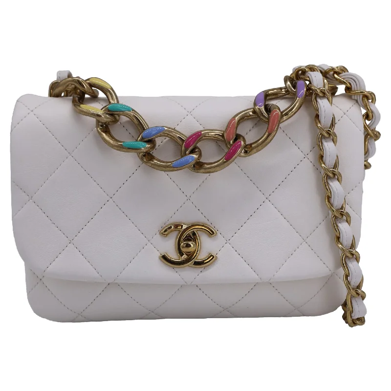 Chanel 19 Quilted with Multicolor Chain Flap Shoulder Bag in White Lambskin Leather Sleek Bags, Perfect Prices Chanel 19 Quilted with Multicolor Chain Flap Shoulder Bag in White Lambskin Leather Sleek Bags, Perfect Prices