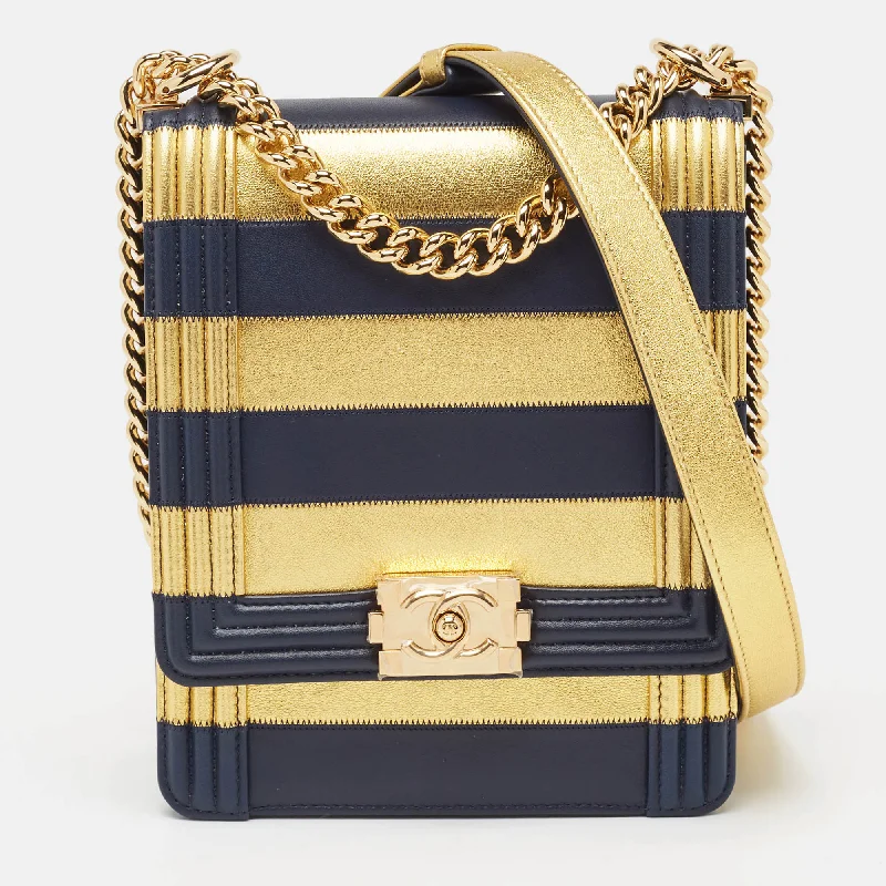 Chanel Navy Blue/gold Leather Paris-New York North/south Boy Bag Trendy And Timeless Handbags Now On Sale Chanel Navy Blue/gold Leather Paris-New York North/south Boy Bag Trendy And Timeless Handbags Now On Sale