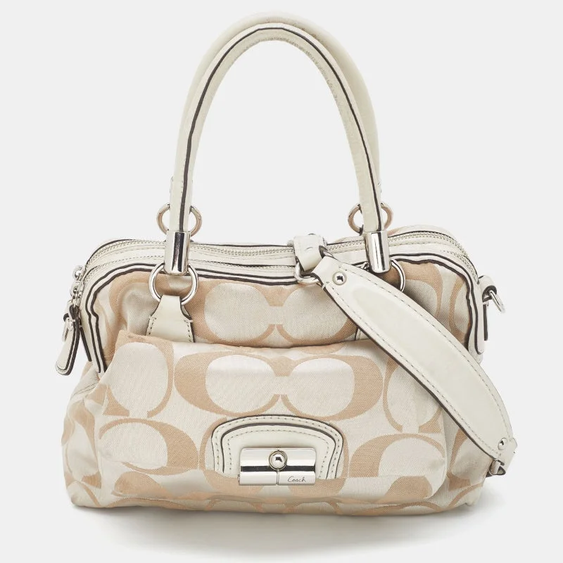 Coach Beige Signature Canvas And Leather Buckle Satchel Elegant Bags, Limited Stock Available Coach Beige Signature Canvas And Leather Buckle Satchel Elegant Bags, Limited Stock Available