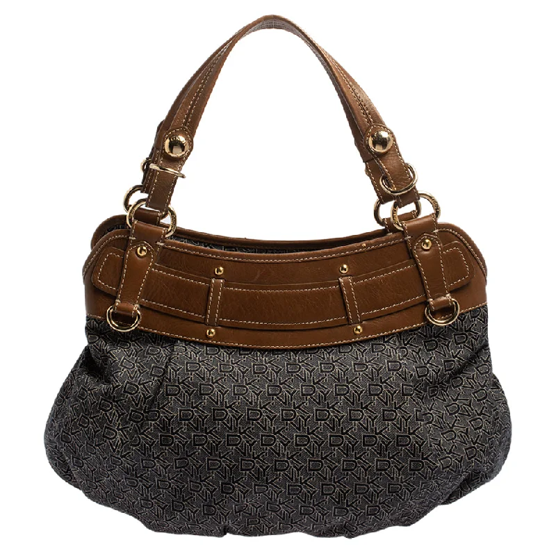 Dkny Navy /brown Monogram Canvas And Leather Hobo Fashionable Crossbody Bags At Special Offers