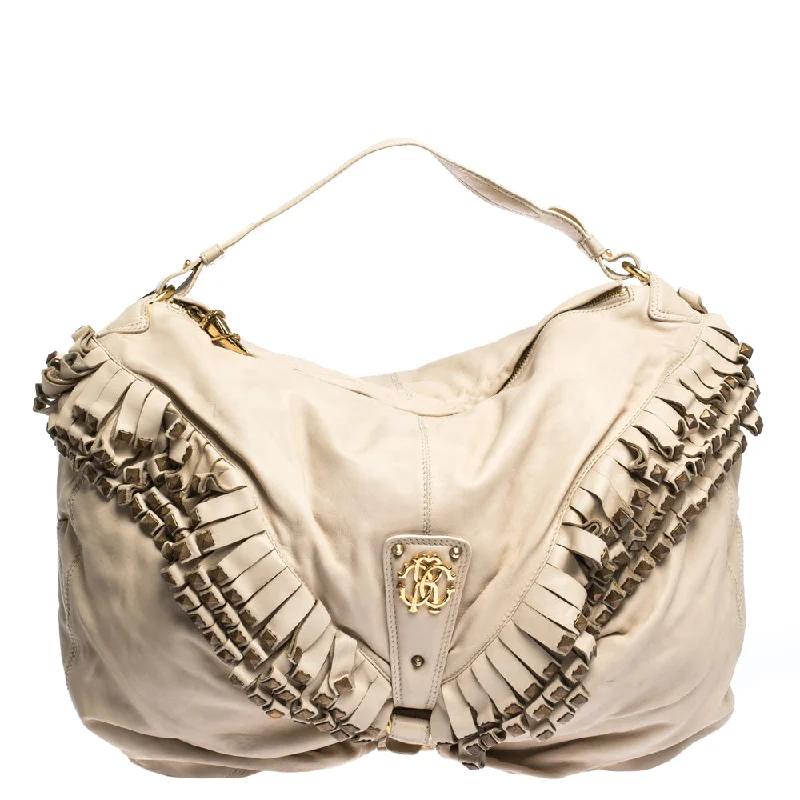 Roberto Cavalli Cream Leather Studded Fringe Hobo Chic Handbags At Special Promotional Prices Roberto Cavalli Cream Leather Studded Fringe Hobo Chic Handbags At Special Promotional Prices