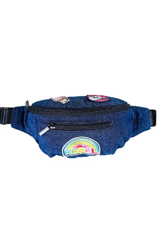 Denim Youth Rebel Fanny Pack with Patches with Black Zipper Classic Bags, Exclusive Deals Denim Youth Rebel Fanny Pack with Patches with Black Zipper Classic Bags, Exclusive Deals