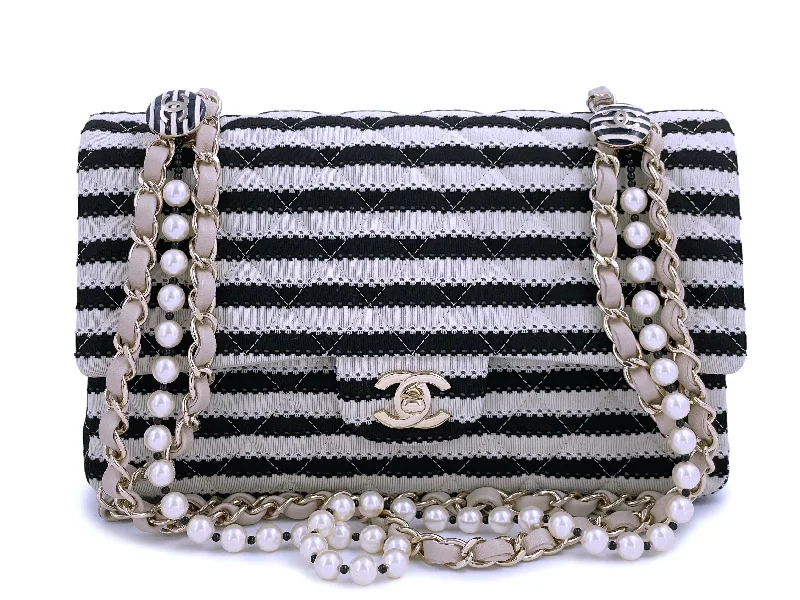 Chanel Beige-Black Coco Sailor Pearls Medium Classic Double Flap Bag GHW Upgrade Your Look With Our Bag Sale