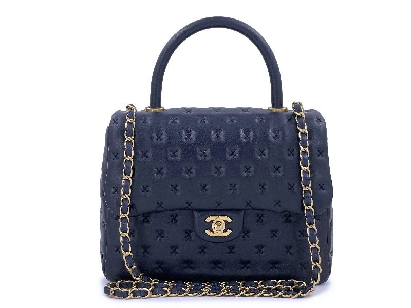 Chanel Paris-Rome Cross Stitch Handle Flap Bag Navy Blue GHW Chic Bags, Shop Now