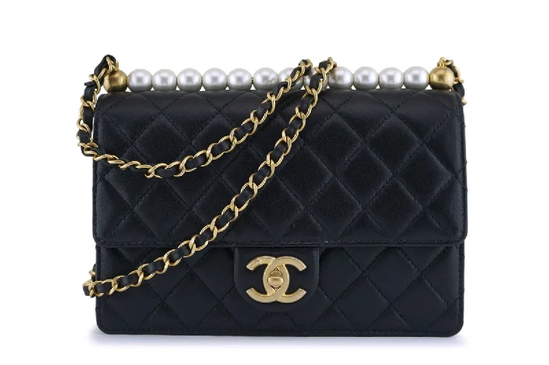 NIB 19S Chanel Black Lambskin Chic Pearls Classic Limited Mini Pearl Flap Bag GHW Timeless Handbags Now At Special Discounts NIB 19S Chanel Black Lambskin Chic Pearls Classic Limited Mini Pearl Flap Bag GHW Timeless Handbags Now At Special Discounts