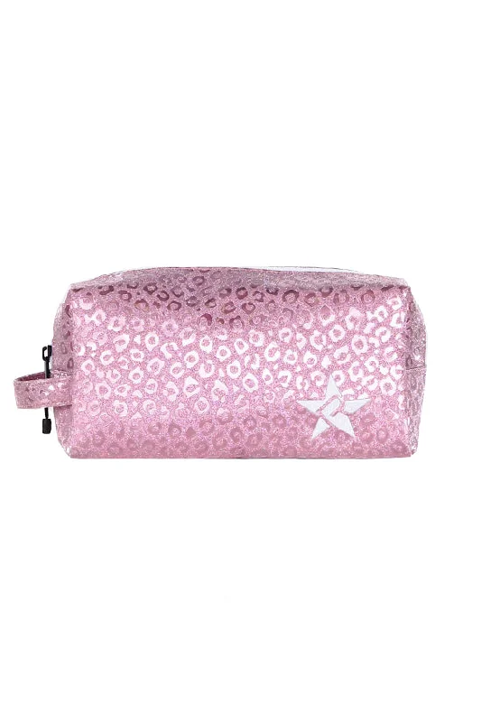 Leopard in Pink Rebel Makeup Bag with White Zipper Elegant Bags, Limited Stock