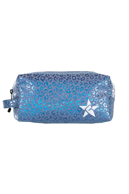 Leopard in Steel Blue Rebel Makeup Bag with White Zipper Luxury Handbags, Budget-Friendly